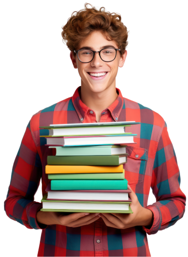 Joven sonriente con camisa roja sostiene una pila de libros.